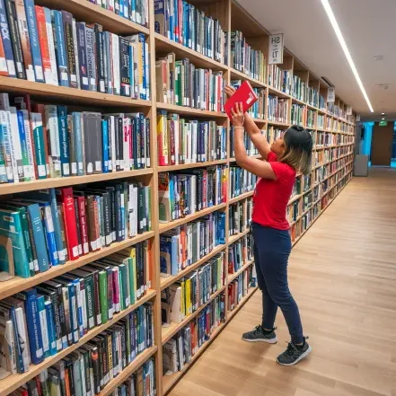 一个学生从图书馆的书架上拿起一本书.
